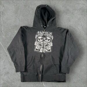 Famous Stars and Straps Hoodie Mens Medium Black Y2K Grunge Zip Up‎ Skull Skater
